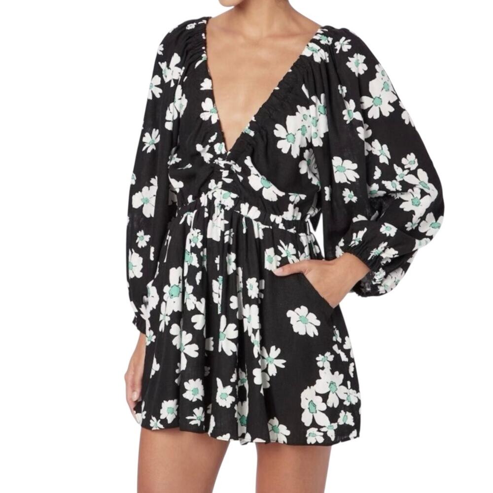 Topshop Daisy Floral Linen Romper V-Neck Long Sleeve Summer Festival L/12 NWT